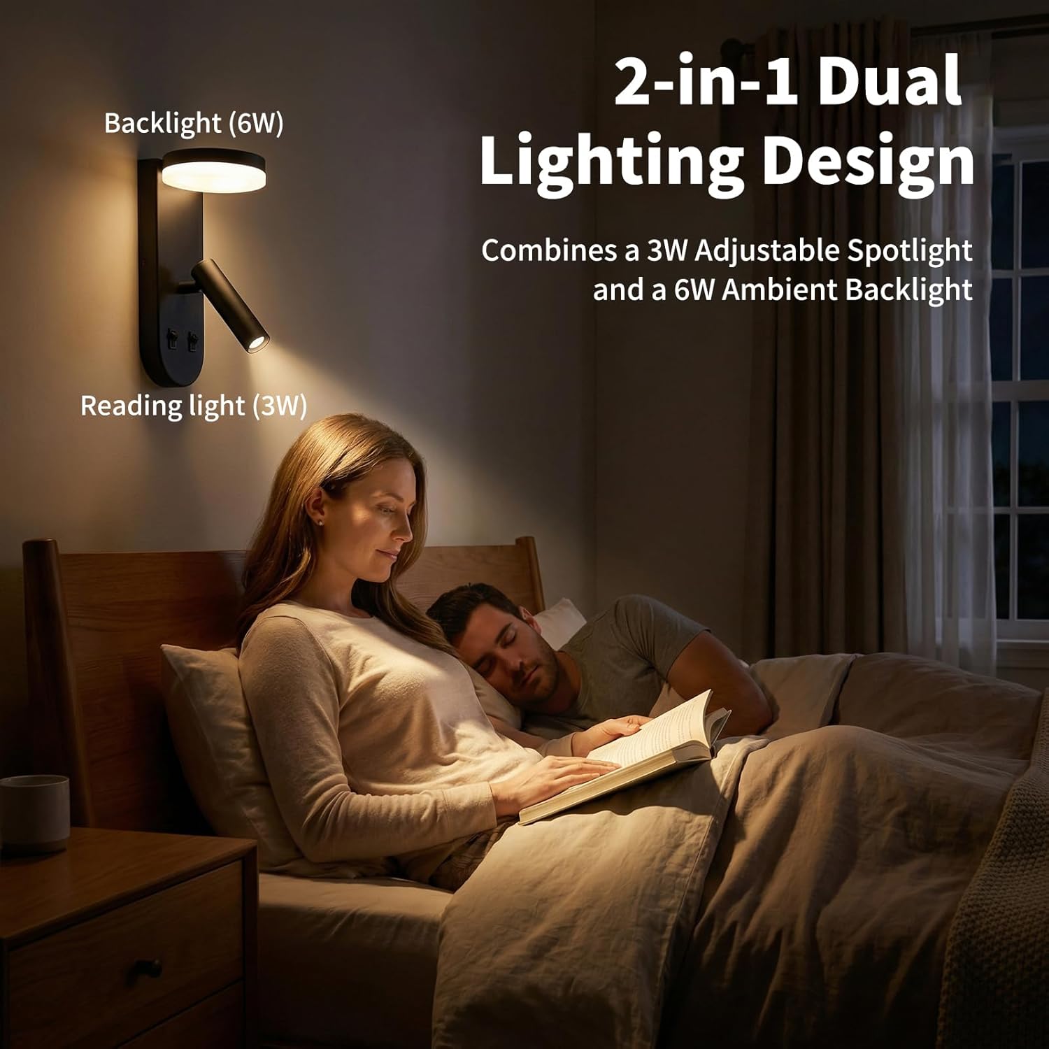 Wall Mounted Reading Lights for Bedroom - Independent Switch, 350° Adjustable Bedside Lamps Set of 2, Hardwired Installation LED Wall Sconces for Living Room, Study Room (Black, 8.65")