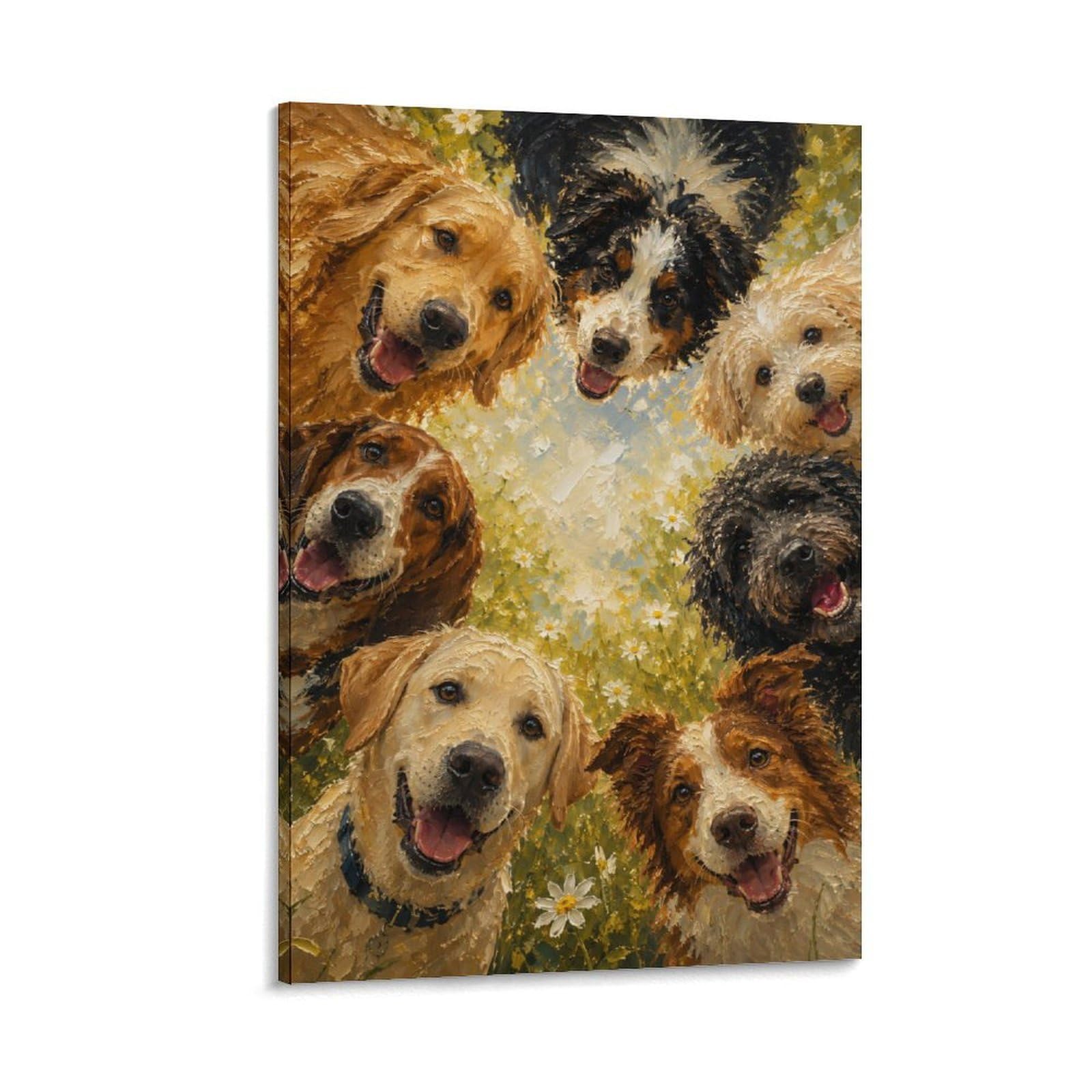 W7C8U2X3 Happy Dogs Floral Canvas Wall Art, Whimsical Dog Wall Art