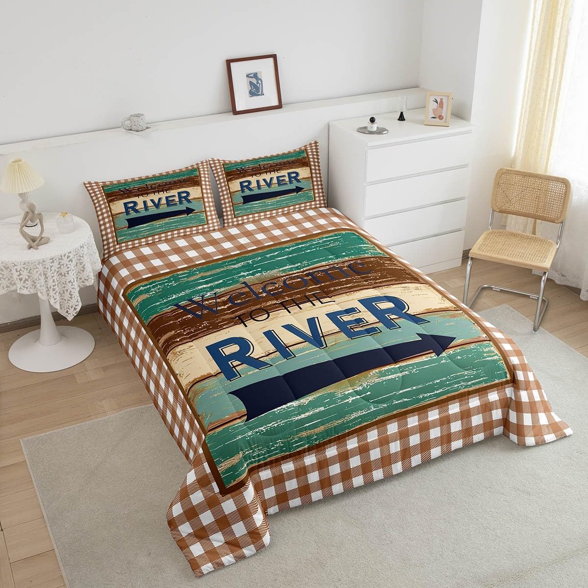 Erosebridal River Lake House Bedding Set King Rustic Lodge Cabin Comforter Set, Retro Barn Door Striped Duvet Insert Teal Brown Quilt Sets, Grid Checkered Bedding Comforters & Sets 3 Pieces