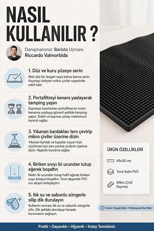 Transformacion Profesyonel Bar Matı 45x30 cm Kahve Tezgâh Matı Servis Ve Bardak Kurutma Lastiği 7mm Kalın PVC 723462