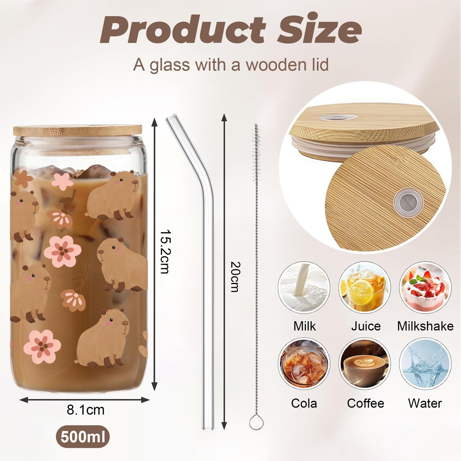Capybara Tazza, Bicchiere con Coperchio E Cannuccia, Motivo Capybara E Fiori, Vetro A Tema Animale per caffè, Contenuto 470ML, Bicchiere Cartoon(B)