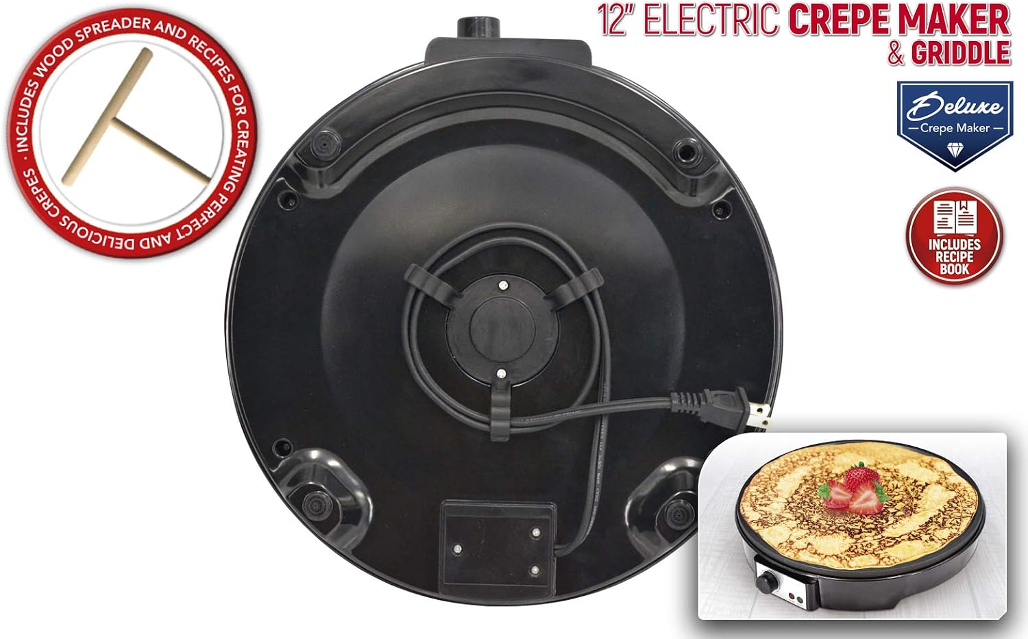 12-Inch Nonstick Electric French Crepe Maker with Recipe Book | Aluminum Cooktop with Adjustable Temperature Control, Griddle Hot Plate, Includes Wooden Spatula and Crepe Recipe Book