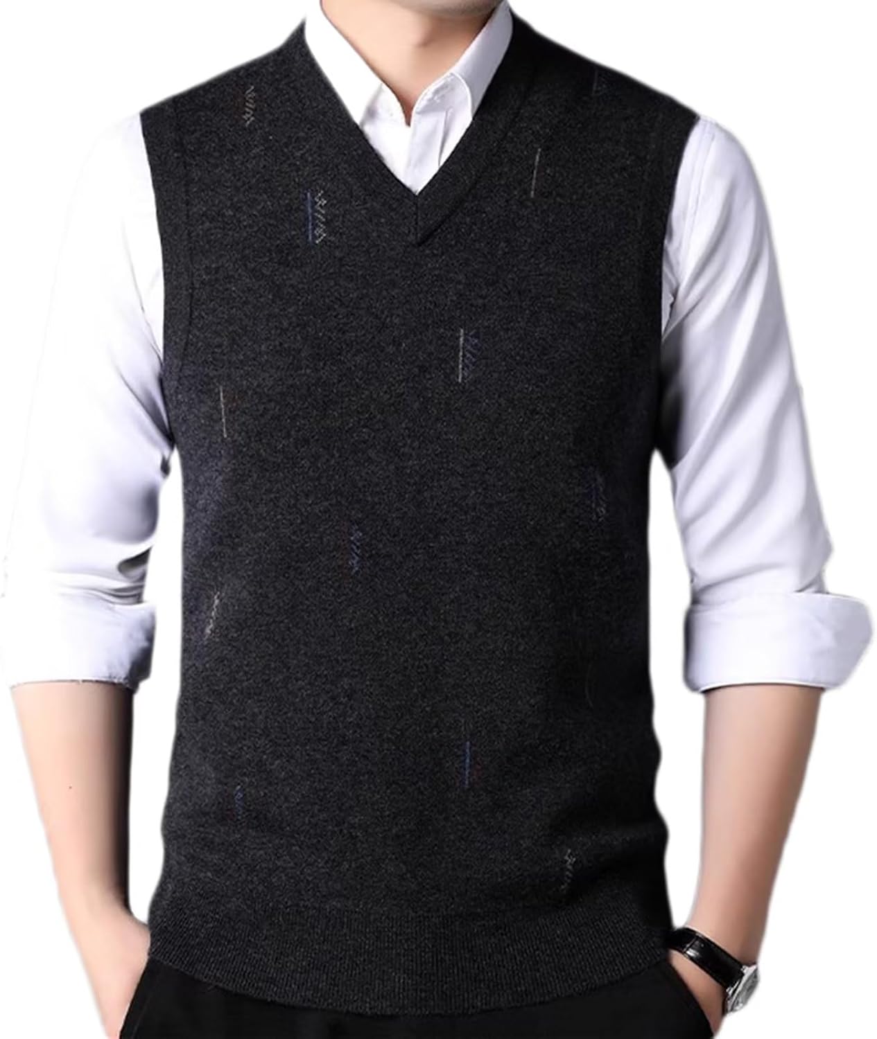 Gilet Homme Sans Manches En Laine Mélangée - Col En V, Boutons Et Poches - Style Classique Chaud Et Décontracté