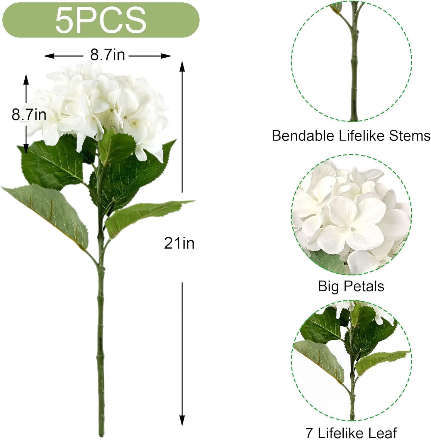 5Pcs Realistic White Hydrangea Artificial Flowers with Stems 21 Inch Lifelike Faux Hydrangeas Flower Large Hydrangea for Weddings Bouquets Table Centerpieces Home Decor Party - Image 2