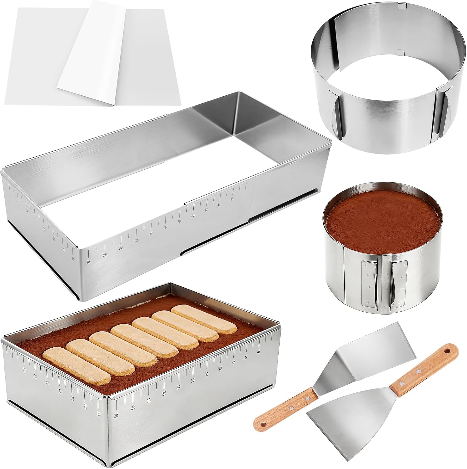 Adjustable Mousse Cake Ring Mold Set Extendable Stainless Steel Rectangle Shaped Cake Cutter 18 x 13 x 4 Inch with 20Pcs Baking Parchment,2Pcs Scraper for Baking Birthday Party Dessert