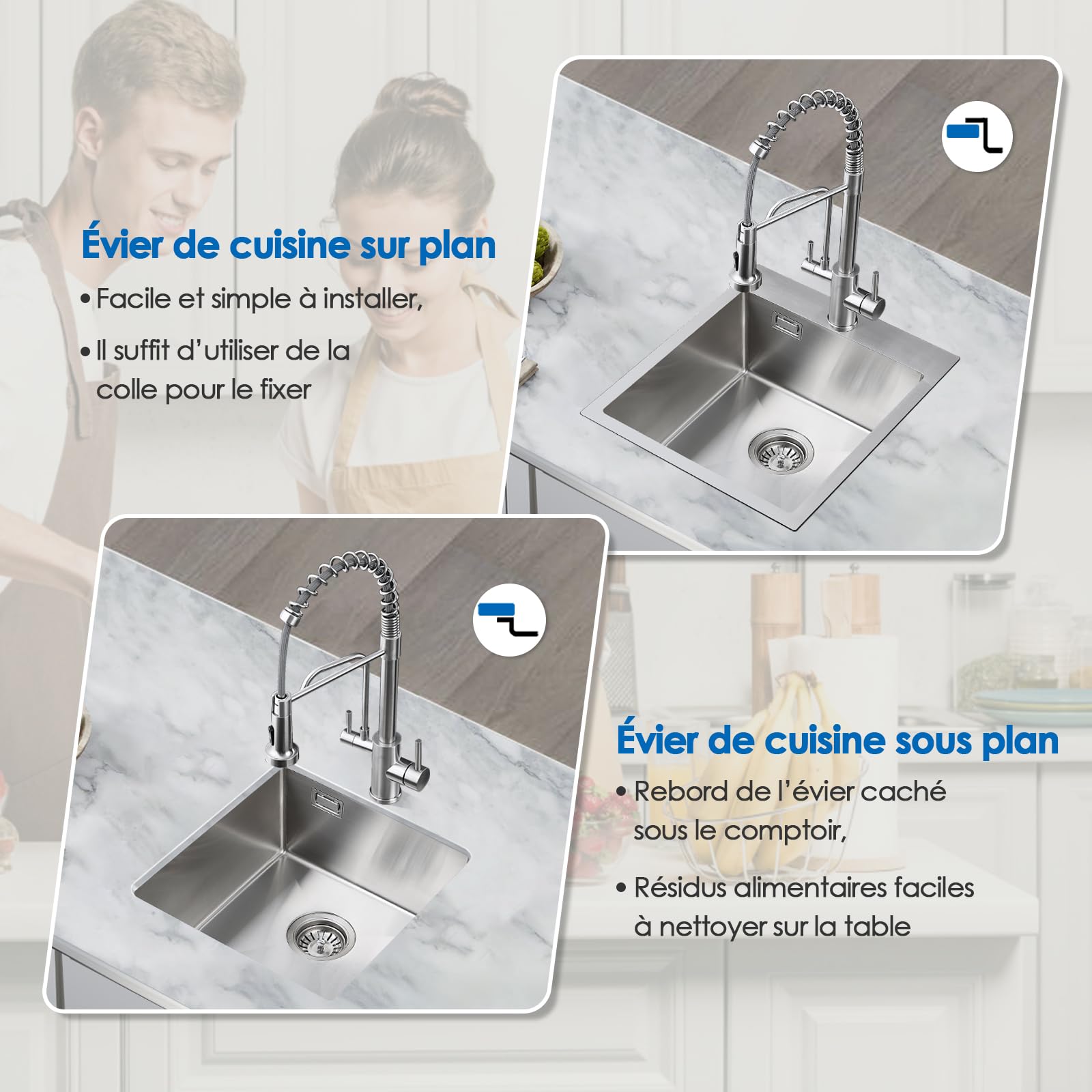 ROVOGO 50 x 38 cm Evier Cuisine en 304 Acier Inox, Kit de Vidage d'évier de Cuisine avec Trop-plein, Évier de Cuisine avec Trous pour Robinet, Lavabo Cuisine 1 Bac Brossée