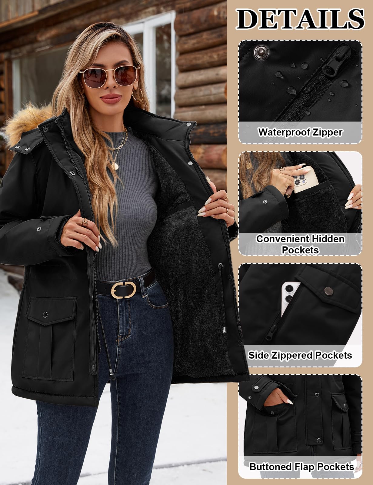 heekpek Abrigo Mujer Invierno Parka Impermeable Cortaviento Abrigo de Invierno Cálido Chaqueta Larga Mujer con Capucha Desmontable y Múltiples Bolsillos
