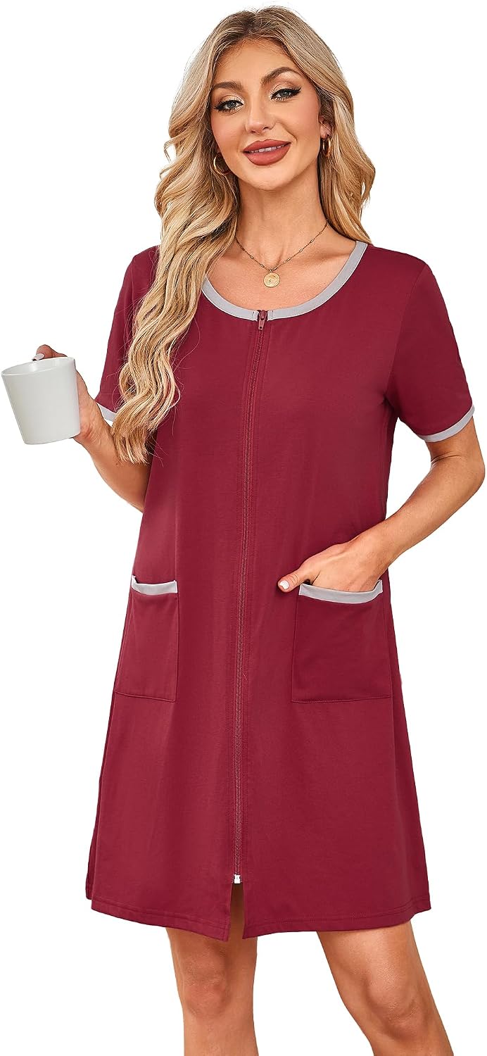 Women Zipper Robe Short Sleeve Bathrobe Lightweight Sleepwear Color Block Housecoat Nightgown with Pockets
