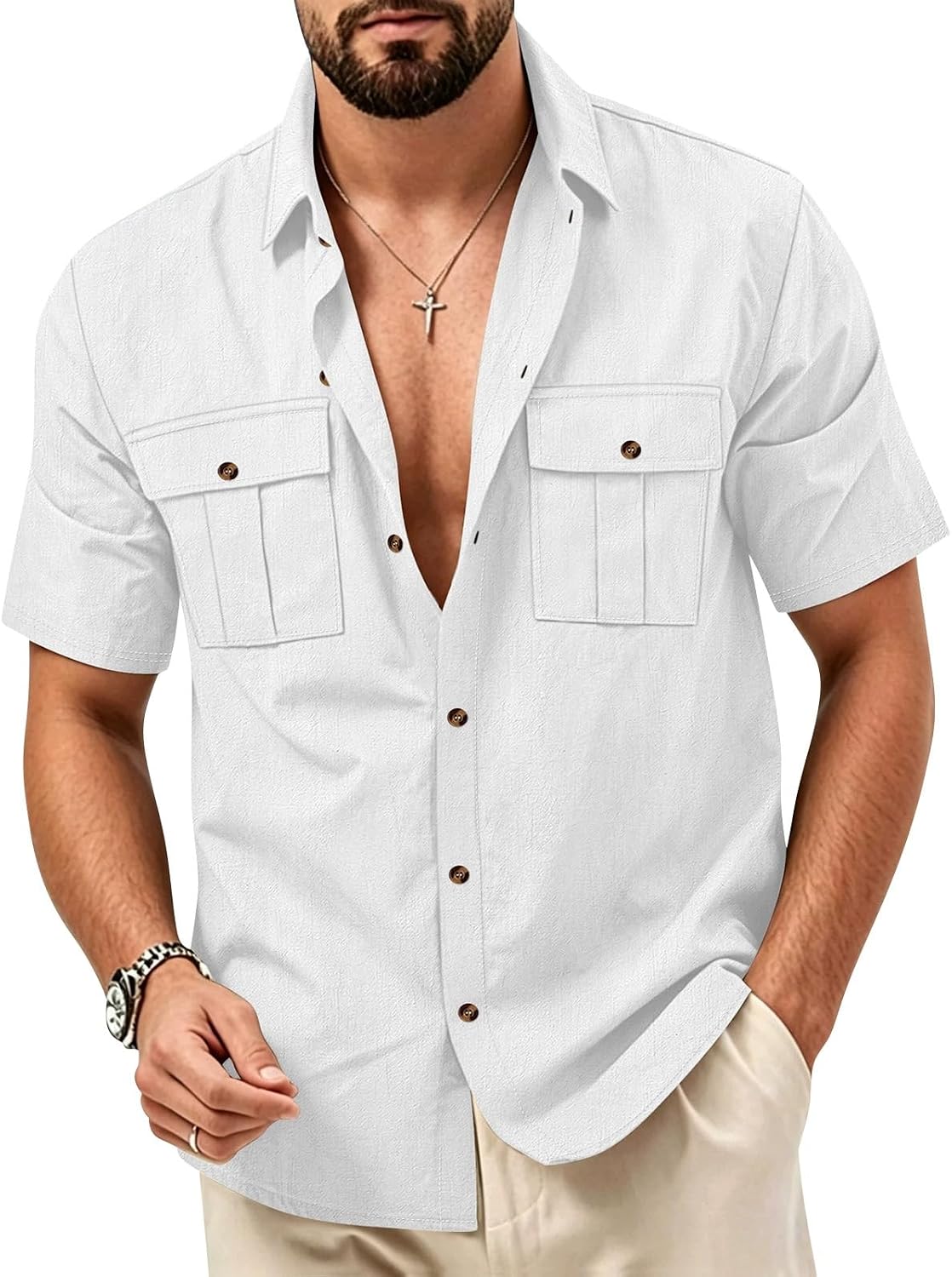 RTRDE Mens Button Down Short Sleeve Shirt Summer Beach Cuban Hawaiian Shirts with Pockets, S-3XL