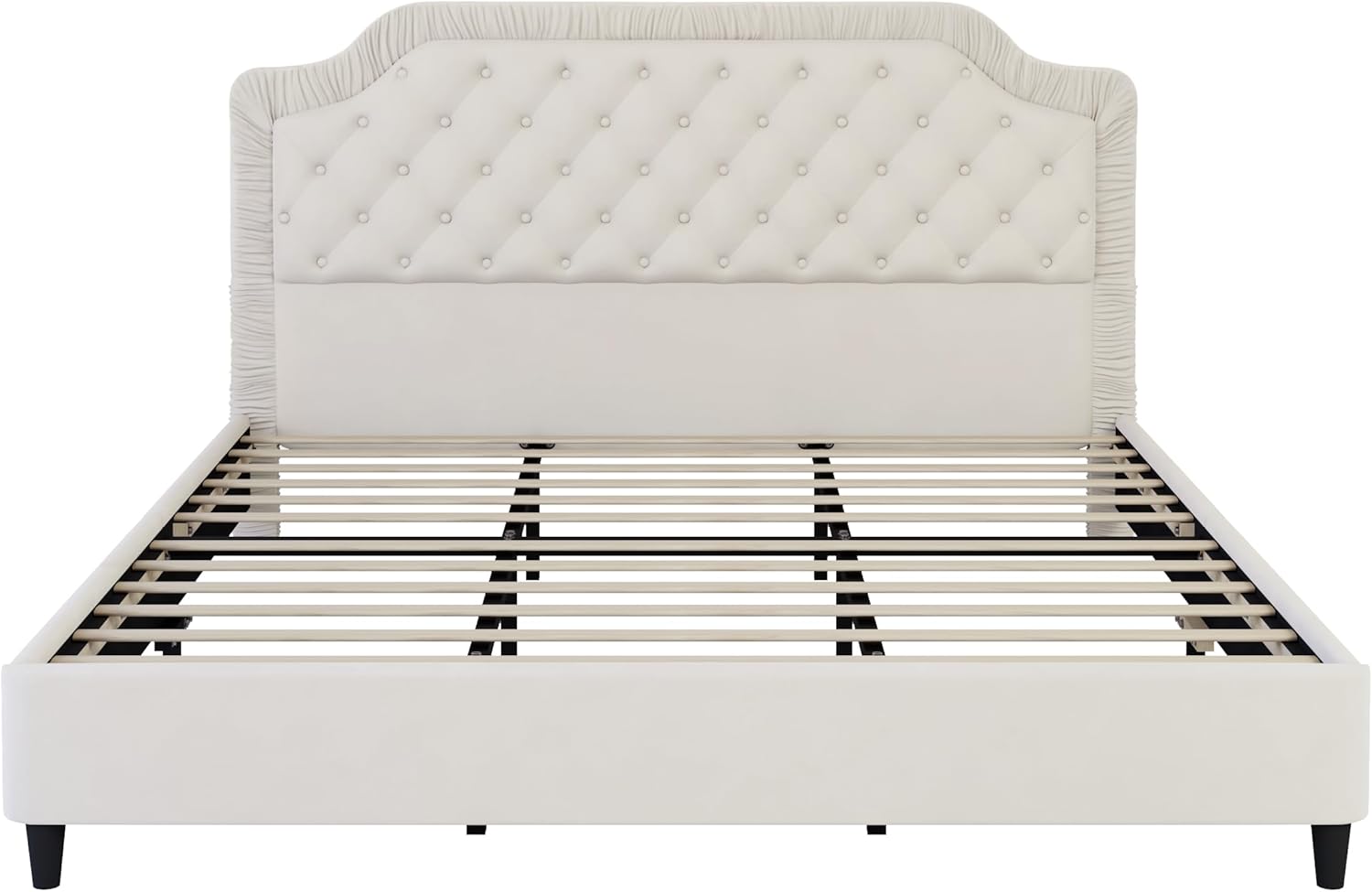 King Size Upholstered Bed with Ruched and Button Tufted Headboard, No Box Spring Needed, Velvet, White, 85.2W x 78D x 47.2H in