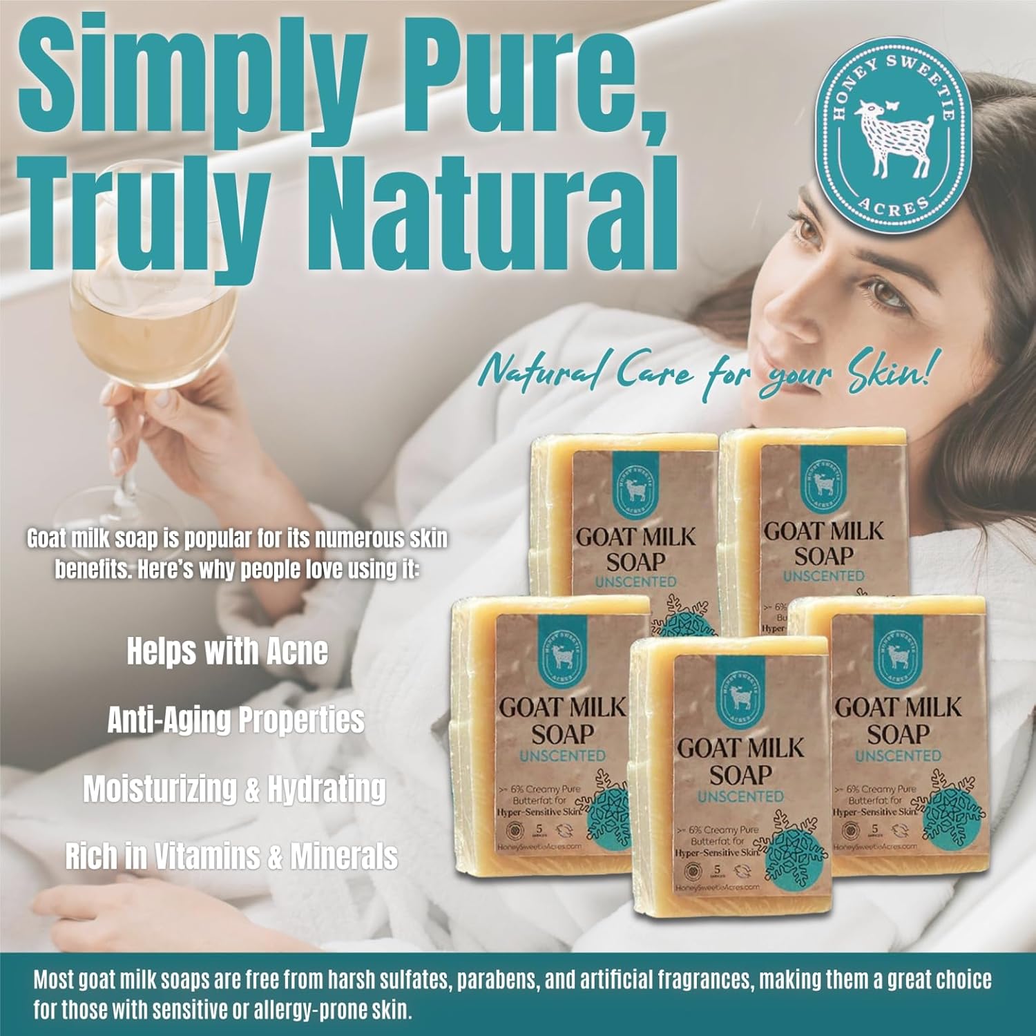 Honey Sweetie Acres 5-Pack Unscented Goat Milk Soap - Handmade 5 oz Bar, Made with Natural Ingredients, Moisturizing & Gentle, Made in the USA