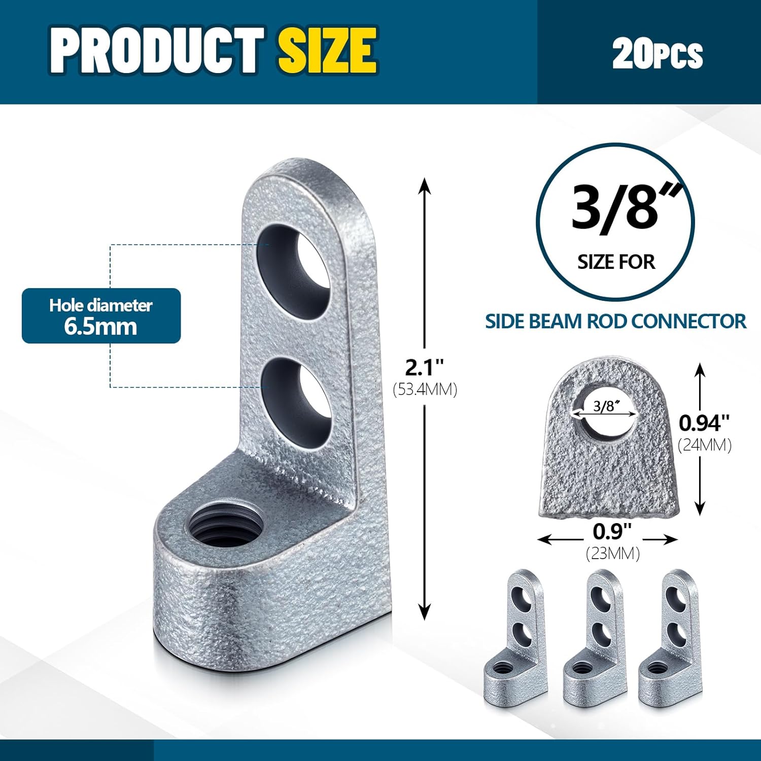 Hicarer 20 Pack Side Beam Connector, 3/8"-16 Threaded Rod Connectors, Heavy Duty 250 Lbs Capacity, Industrial Grade Malleable Iron for Construction, Scaffolding, Pipe Support