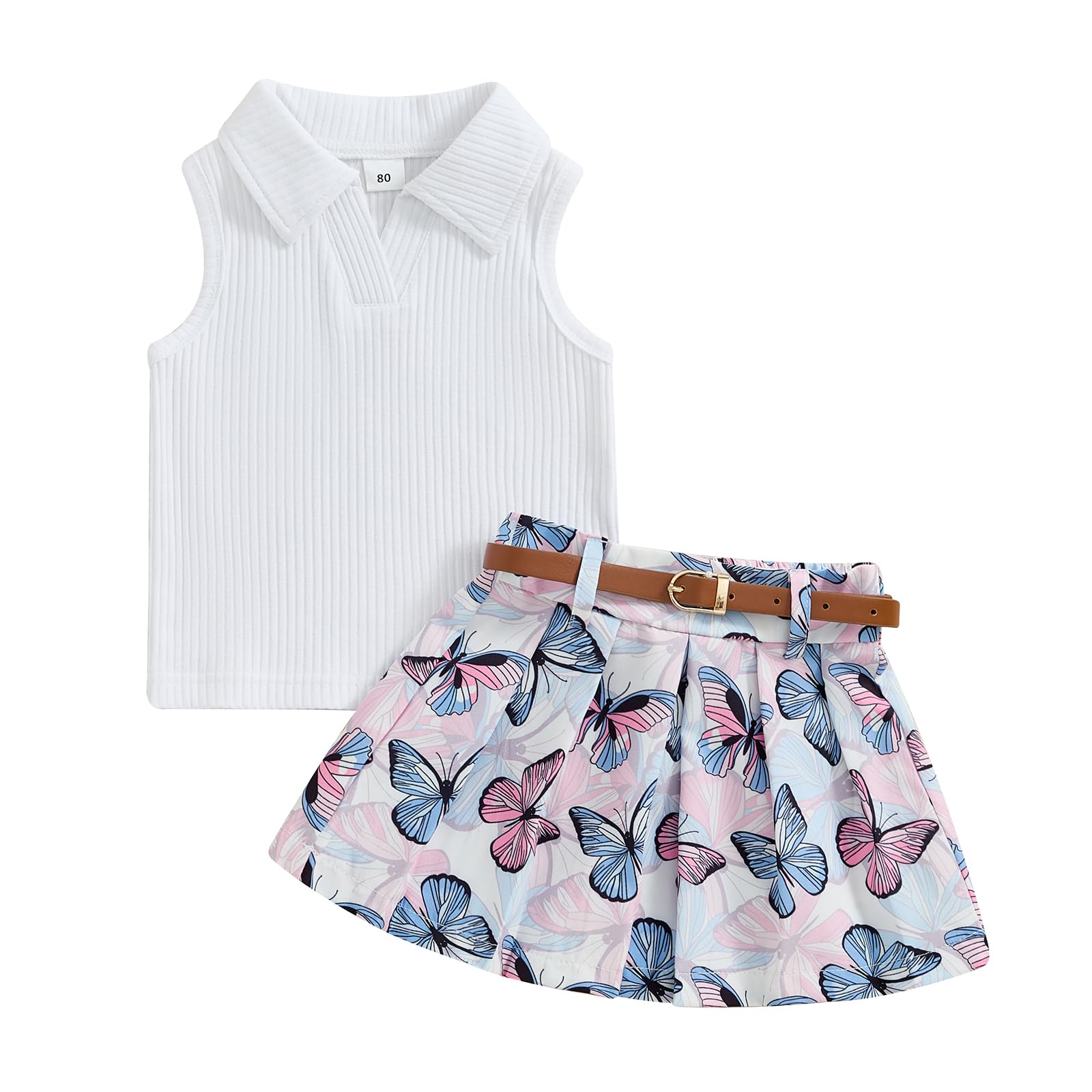 NANCHNEGGU 3PCS Baby Girls Lapel Sleeveless Ribbed Knitted Vest + Floral A-line Pleated Skirt + PU Belt Outfits Sets (White Blue, 12-18 Months)