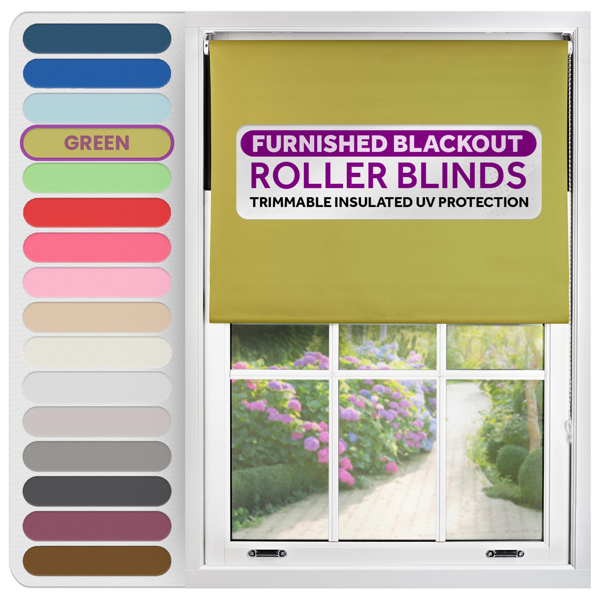 FURNISHED Roller Blinds Thermal Blackout Roller Blind - Trimmable Insulated UV Protection Child Safe Easy Fit Home Office Window Blinds, Green, 45 cm Wide x 165 cm Long
