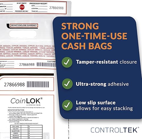 Miniatura 2 de ControlTek CoinLok 585100 - Bolsa transparente de 12 x 24.5 pulgadas, 50 bolsas, resistente a manipulaciones, bolsa de dinero de caja registradora