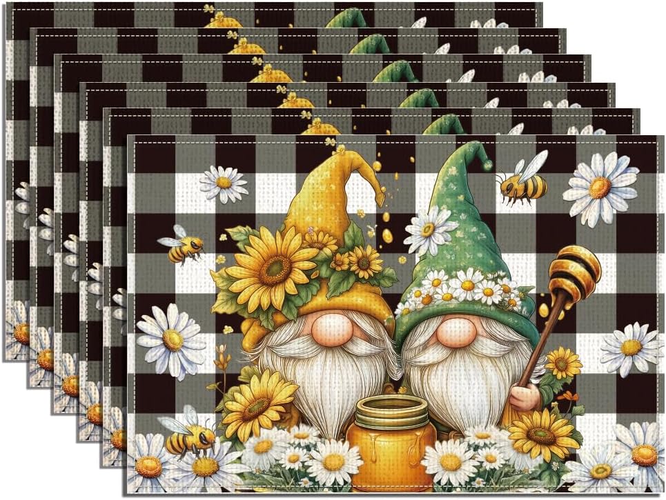WADORN 6Pcs Gnome Bee Sunflower Placemats, 17.7x11.8 Inch Rectangle Sunflower Summer Table Placemats for Dining Table Decoration Seasonal Spring Polyester Washable Table Mats for Party Restaurants