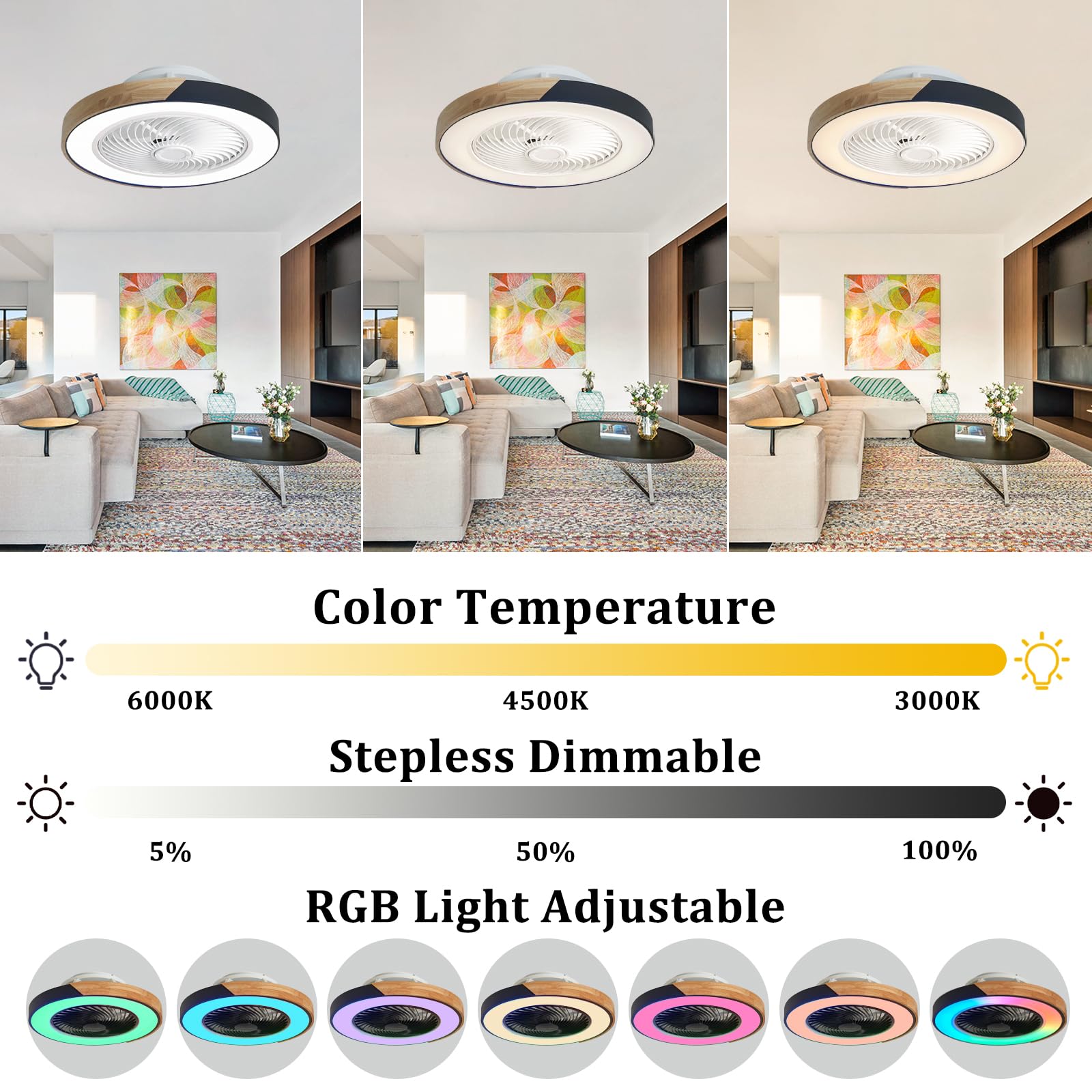 122CM Houten Plafondventilator met Verlichting en Afstandsbediening Stille Plafond Ventilator met Licht 6 Snelheden 3 Kleuren Omkeerbare Lamp Ventilator Plafond voor Woonkamer Slaapkamer-B|122CM