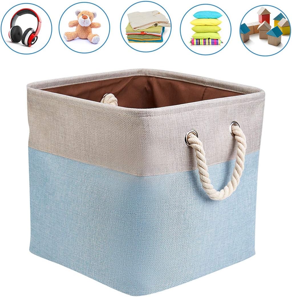 i BKGOO 3Pack Large Foldable Storage Bins,Collapsible Sturdy Cationic Fabric Storage Basket Cube with Cotton Handles for Organizing Home Office Shelf Nursery Home Closet Toys Khaki-Blue(13"×13"×13")
