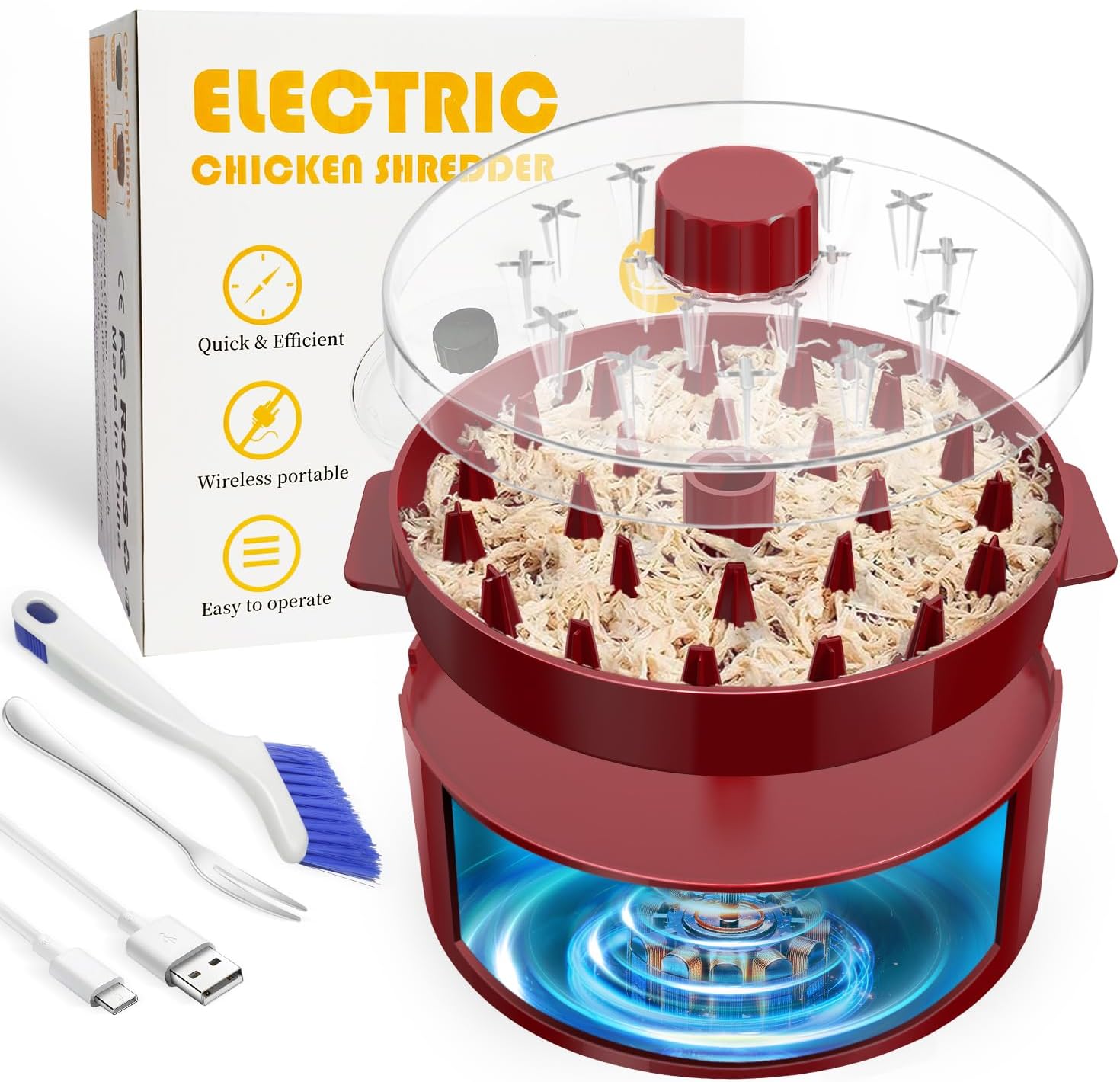 Electric Chicken Shredder, Automatic Chicken Breast Grinder Meat Shredder, USB Rechargeable Visible Meat Shredder Tool Twist Machine, with Brush & Fork, Suitable for Pork, Dishwasher Safe (Red)