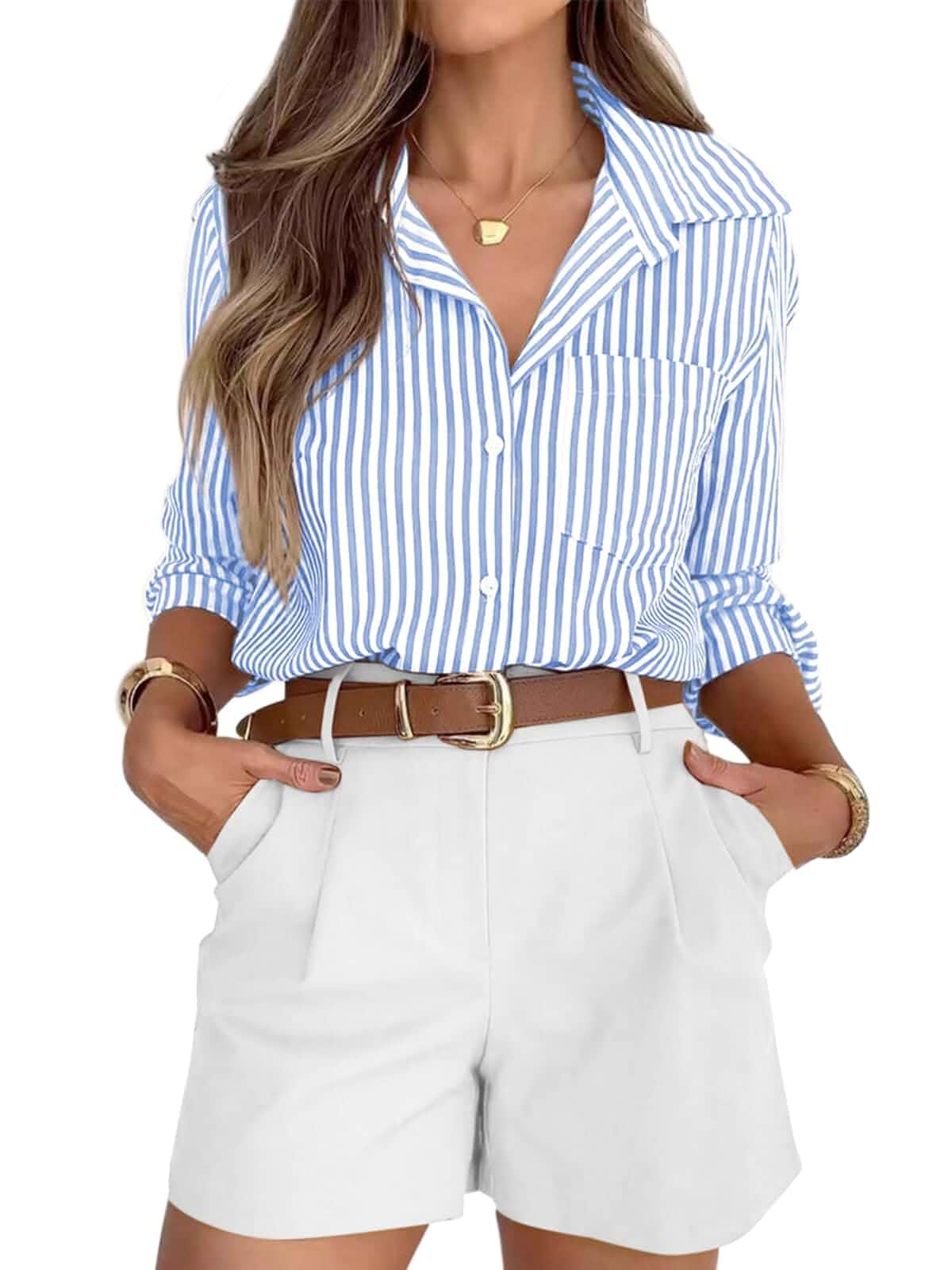siliteelon Button Down Striped Shirts for Women Work Collared Dress Blouses Old Money Business Casual Outfits, Blouses for Women Dressy Casual Formal, Long Sleeve Professional Office Tops with Pocket