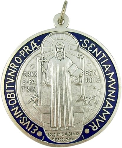 Medalla de San Benito con esmalte rojo y azul, 4 pulgadas, Plata, N A