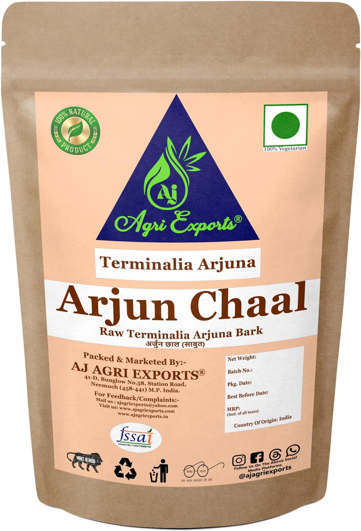 AJ AGRI EXPORTS Raw Arjun Bark - Arjun Chhal - Arjun Ki Chaal - Terminalia Arjuna Bark - Arjun Ki Chaal - Arjun Chal - Arjun Chaal - Toremalti Chhal - अर्जुन छाल (100 Grams)