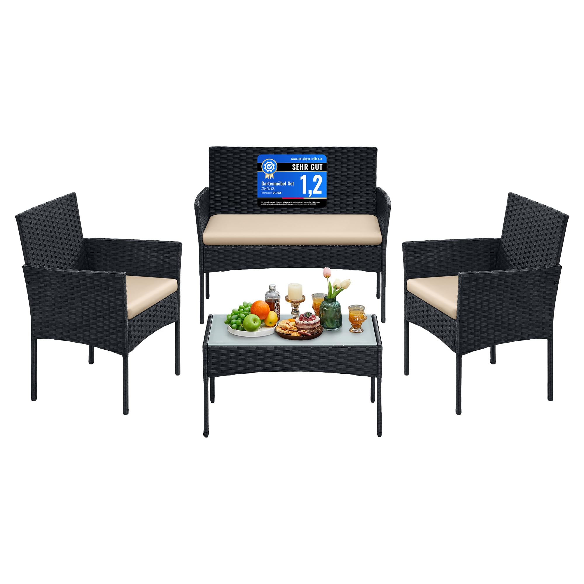 SONGMICS Balkonmöbel, Gartenmöbel-Set, aus PE-Polyrattan, Lounge-Set, Terrassenmöbel, Outdoor, für Terrasse, Balkon, Garten, schwarz-Taupe GGF004B05