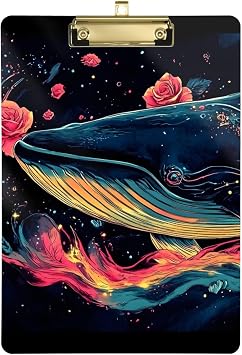 Whale Colorful Rose Acrylic Clipboard A4 Letter Size Standard Clipboard with Low Profile Gold Finish Clip, Decorative Cute Funny Anime Clipboards for Office 9 X 12.5 Inch