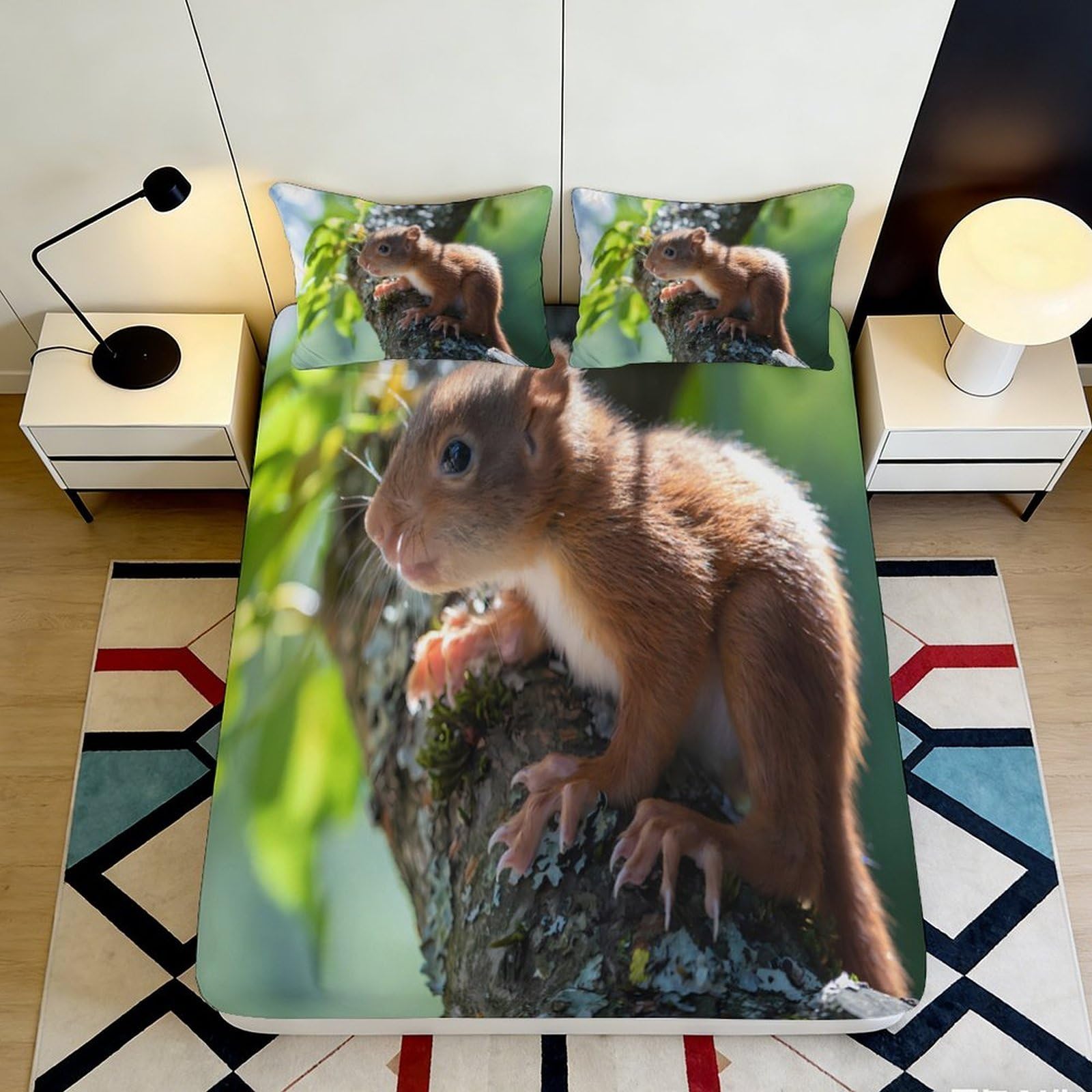 3D Printed Squirrel Forest Fitted Sheet Microfiber Soft Breathable Tree Branch Bed Cover for Bedroom Dorm Decor 90x200x25cm