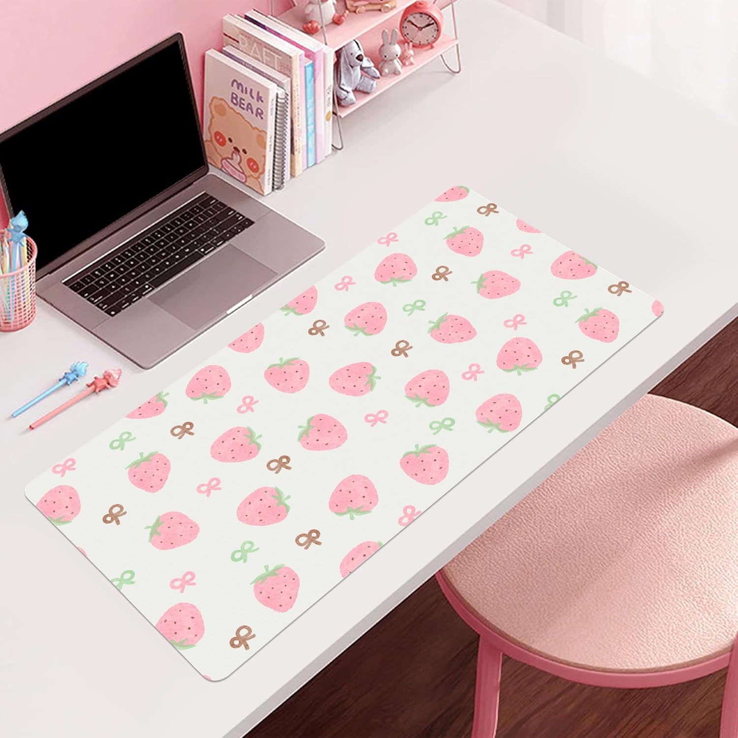 Idocolors Minimalist Pink Strawberry Desk Mat, White Extended Gaming Keyboard Mouse Pad, Large Cute Kawaii Women Office Desk Cover Mat Protector 27.6"x13.8"