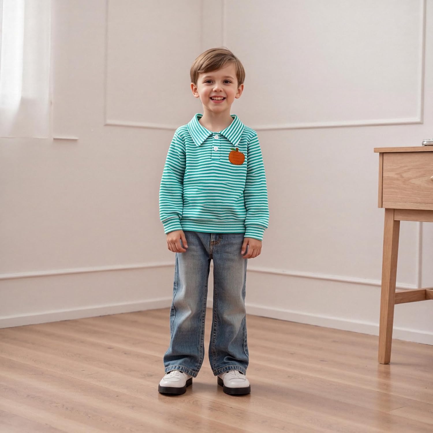 Toddler Baby Boy Halloween Outfit Pumpkin Embroidery Waffle Striped Long Sleeve Polo Shirt Button Up Pullover Top image 4