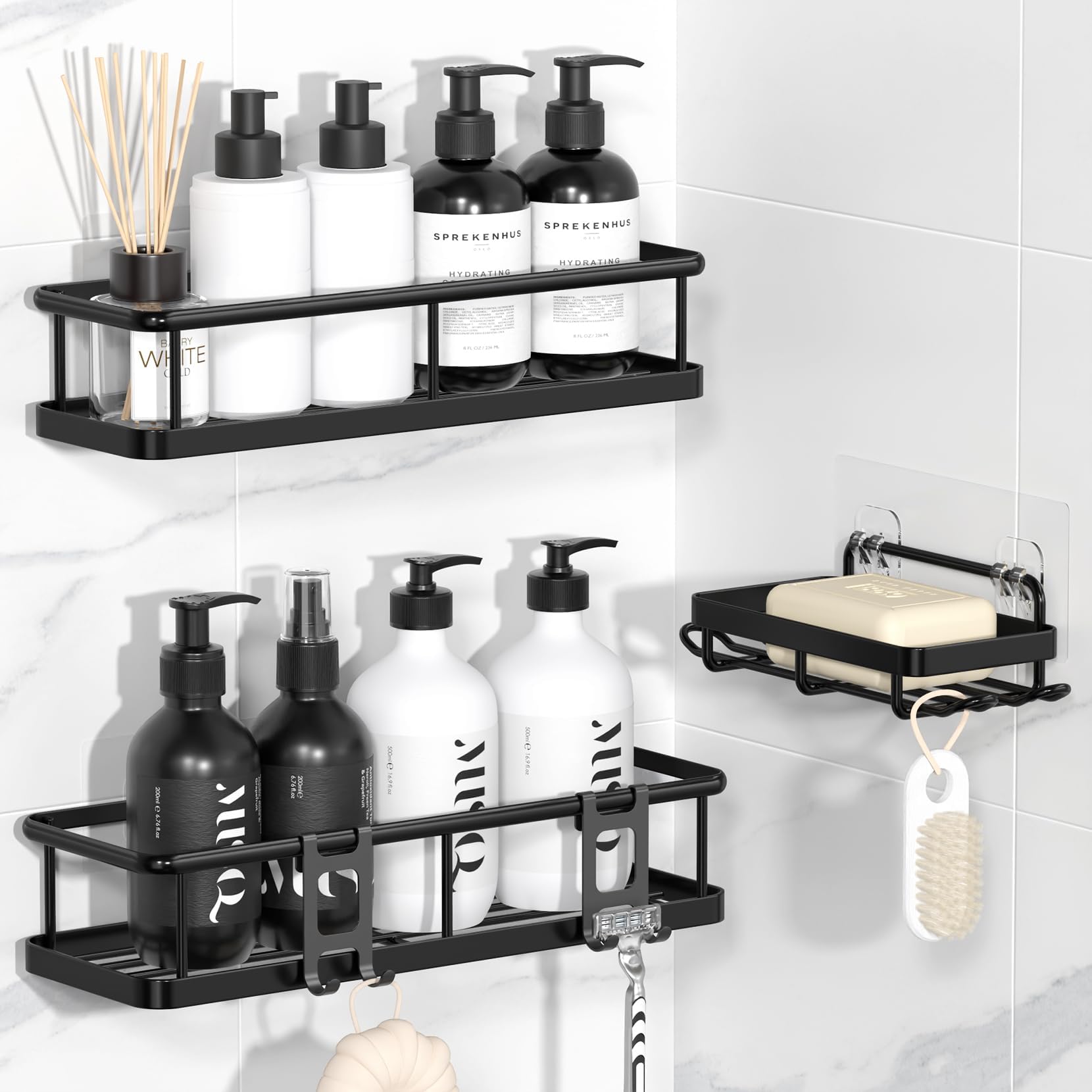 Shower Caddy Adhesive, No Drill Bathroom Shower Organizers, with Removable Hooks and Soap Holder, Rust Proof Shower Shelves, Wall-Mounted Shower Holder, 3 Pack, Black