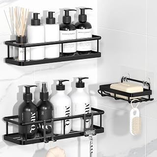 YASONIC Shower Shelf No Drilling Bathroom Organiser, Bathroom Shelf, Shower Shelf, Shower Holder, Shampoo Holder for Shower, Rustproof Bathroom Shelf, Black, Pack of 3 Black 3 Stück 3