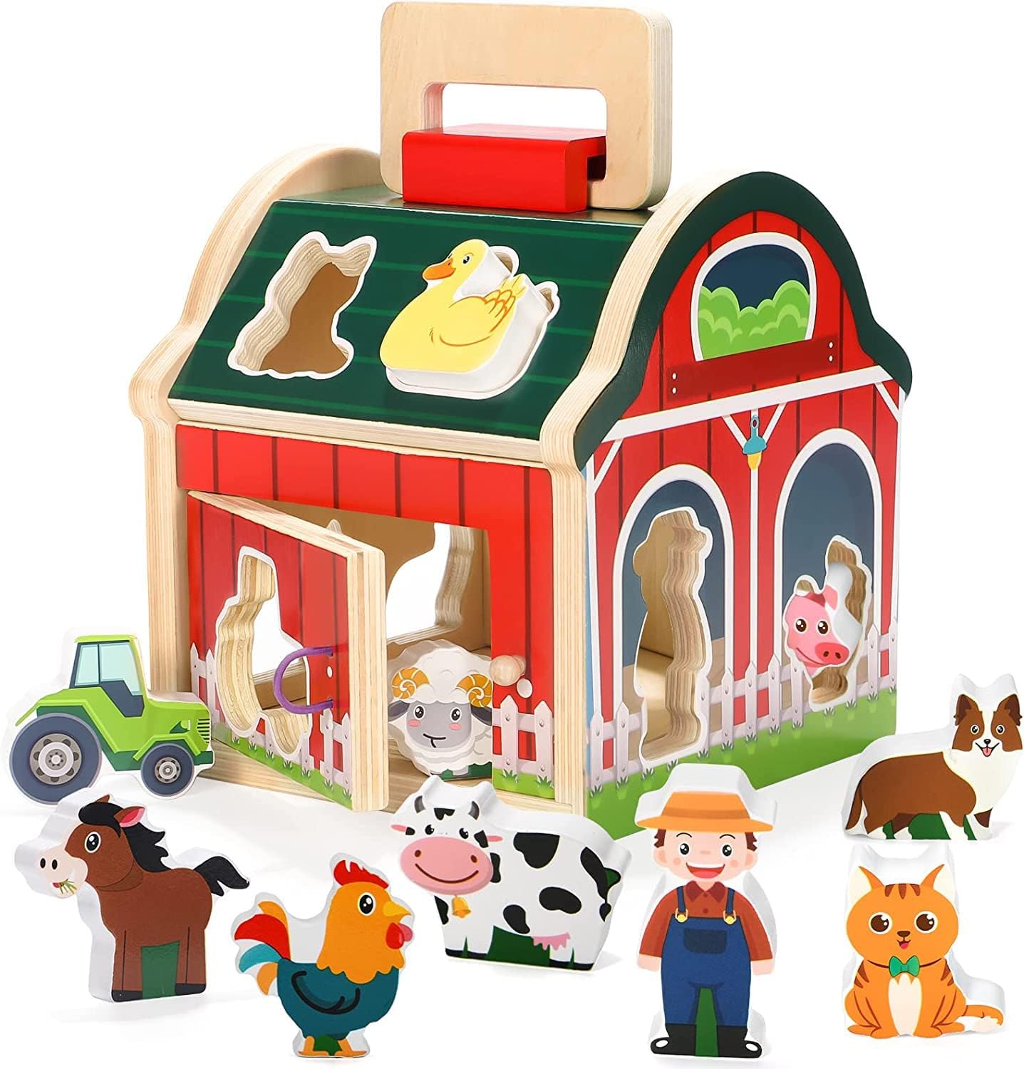 AM ANNA Wooden Farm Animals Shape Sorter Toys, Take-Along Sorting Wooden Barn Toy with Roof and Handle,Montessori Learning Toys for Fine Motor Games for Toddlers 1 2 3 Year Old