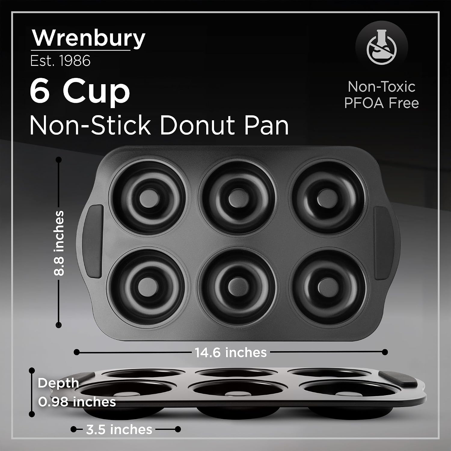 Wrenbury Donut Pan for Baking 6 Cup Set of 2 - Doughnut Mold Baking Tray | Large Carbon Steel Bagel Molds - 3.5” Cup - Easy Clean