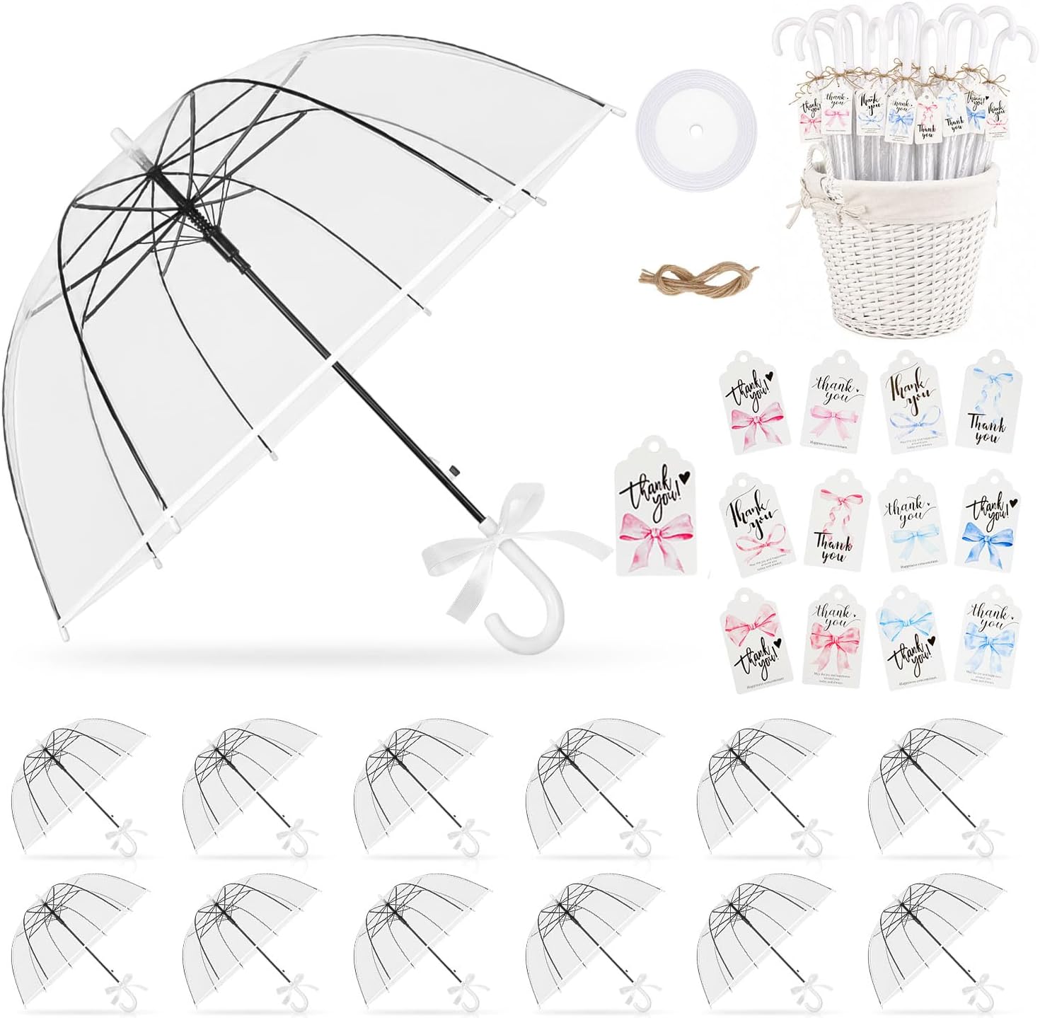 12 Pcs Wedding Clear Umbrella Bulk for Rain with Thank You Tags and bow
