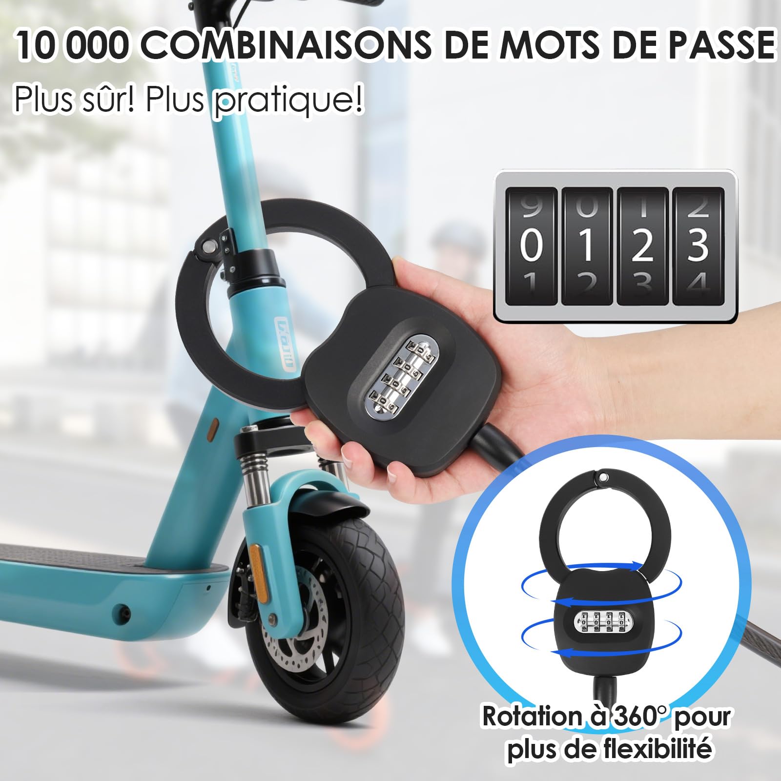 Antivol Trotinette Electrique avec Serrure à Code à 4 Chiffres, 150cm Cadenas Trotinette Electrique avec Sac de 4L, 12mm Antivol Velo, Chaine Antivol pour Trottinettes, Vélos, Poussettes