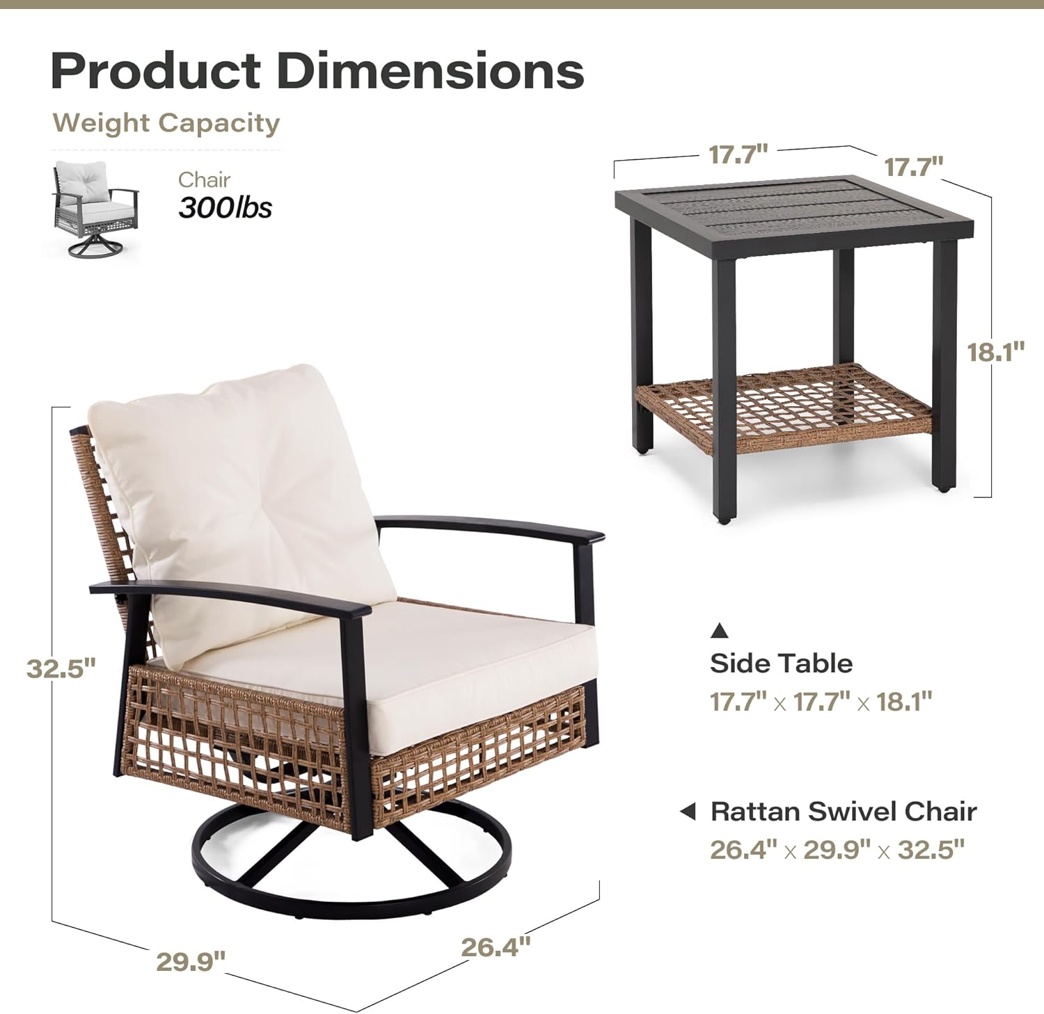 Product dimensions for the rocking chair and coffee table.