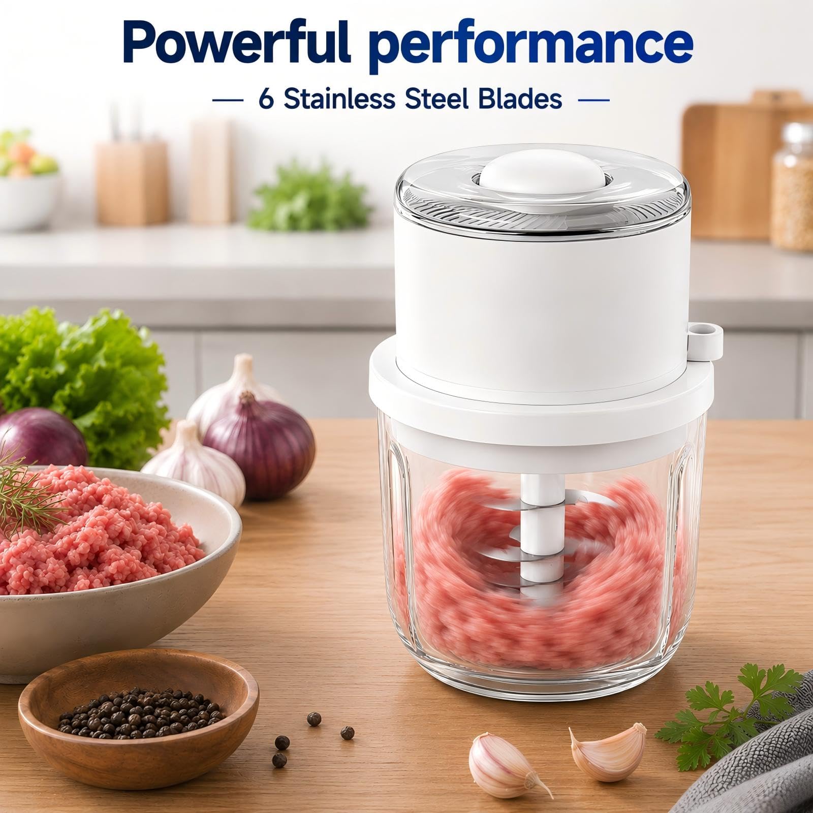 Tritatutto elettrico, mini robot da cucina da 350 ml, ciotola in vetro spesso, tritatutto portatile con 6 lame in acciaio inox, tritacarne cipolle per aglio, peperoncino, zenzero, noci
