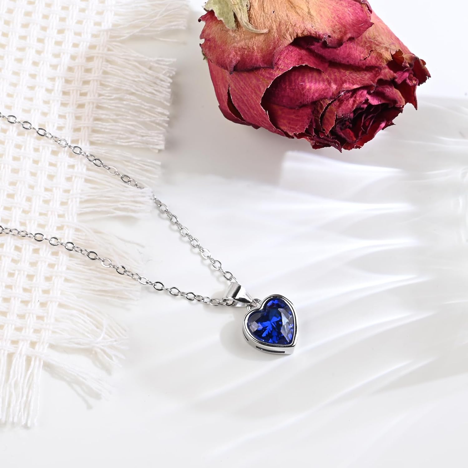 Sterling Silver Heart Necklace Red Green Blue Aquamarine Pendant Necklace for Women Classic Love Birthstone Necklace for Valentines Day - Image 6