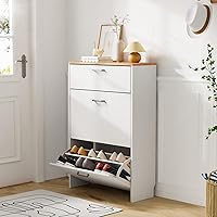 VINGLI Ultra Slim 24.8" Shoe Cabinet for Entryway: 2 Flip Doors + Drop-Down Drawer, Narrow White Organizer Holds 12 Pairs