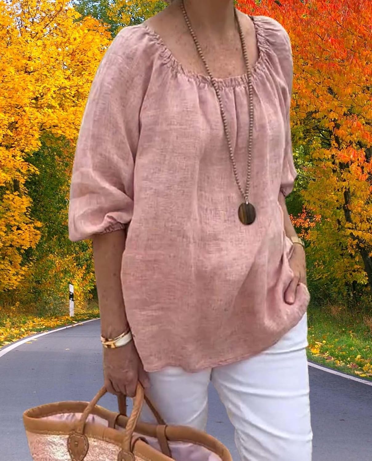 Summer Casual Womens Linen Shirt Round Neck Half Sleeve Linen Loose Pleated Tops Fashion Blouse T Shirt - Image 6