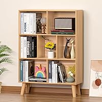 LEYAOYAO 7-Cube Natural Wood Bookshelf, 3-Tier Modern Boho Bookcase with Sturdy Legs - Open Storage Organizer for Bedroom, Living Room, Office