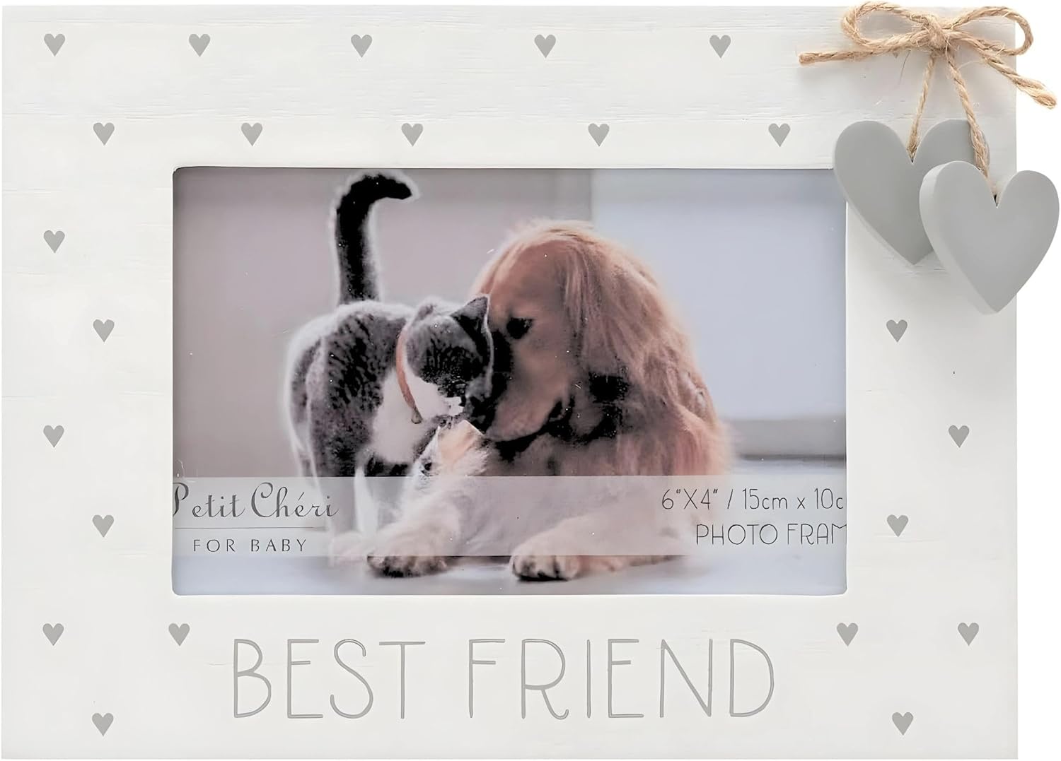 Pet Picture Frame, Photo Frames for Dog, Cat or Other Pet - White Frame with The Wording 'Best Friend' & Two Grey Hanging Hearts on a Bow - 6'' x 4''