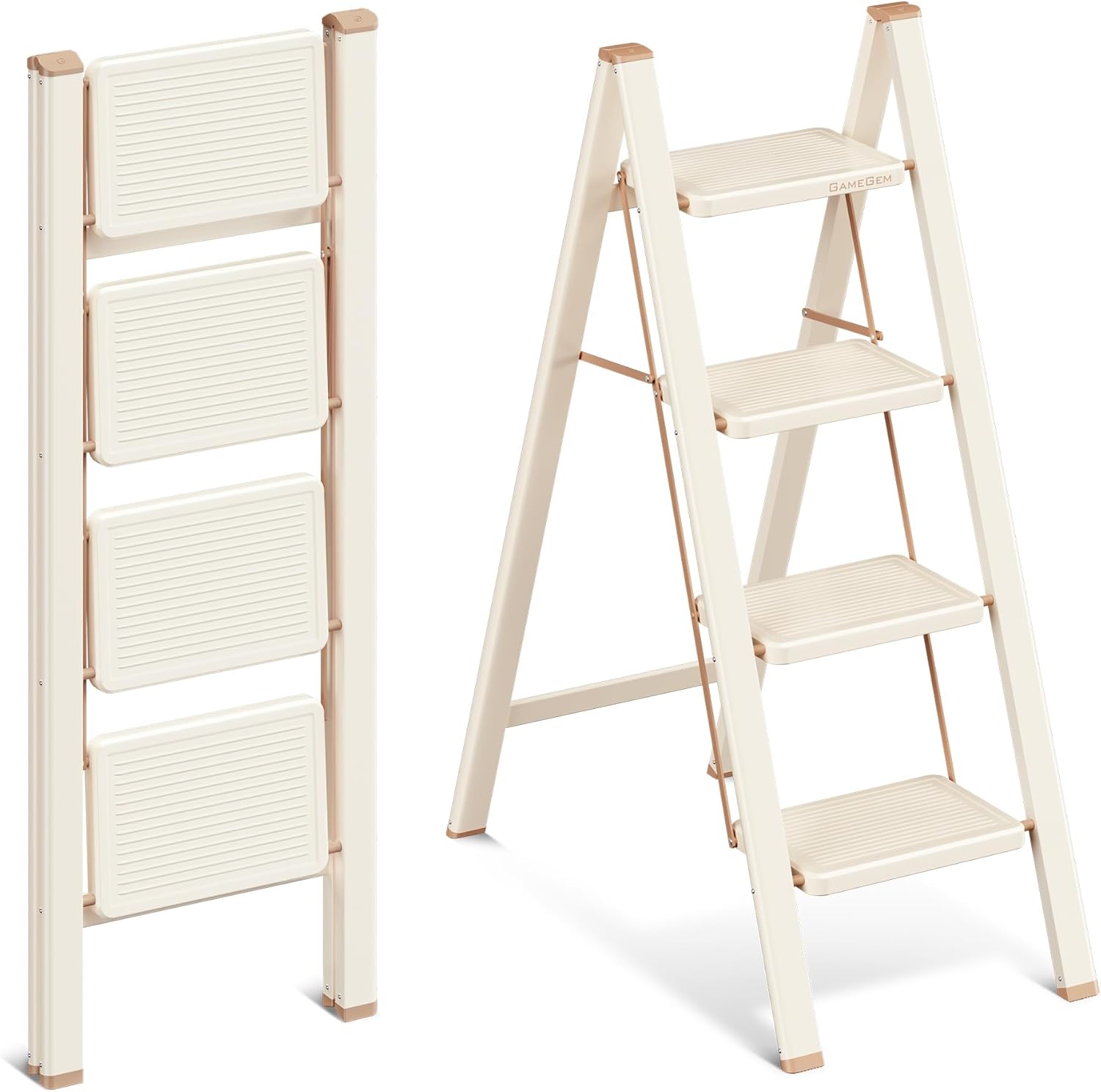 GameGem 4 Step Ladder, 4 Step Stool for Adults, Folding Step Ladder with Secure Footing, Widened Pedal, Aesthetically Pleasing Looking, Blends Right into Domestic Rooms, Cream Chocolate Cream Chocolate 4 Step