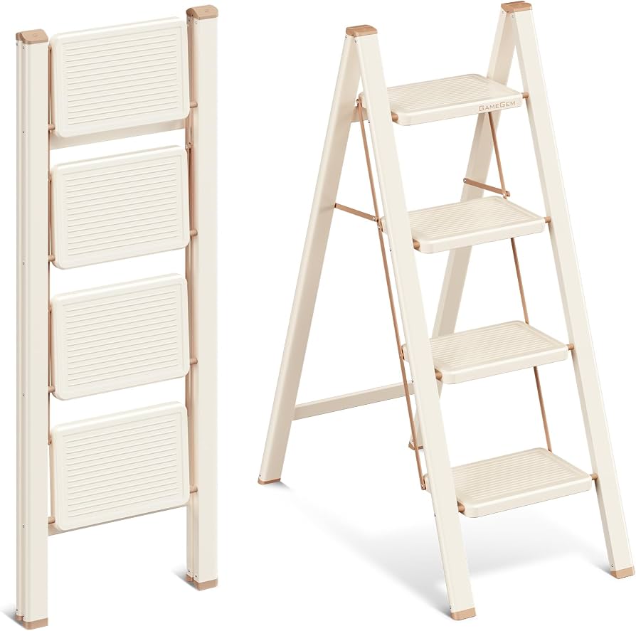 4 Step Ladder, 4 Step Stool for Adults, Folding Step Ladder with Secure Footing, Widened Pedal, Aesthetically Pleasing Looking, Blends Right into Domestic Rooms, Cream Chocolate