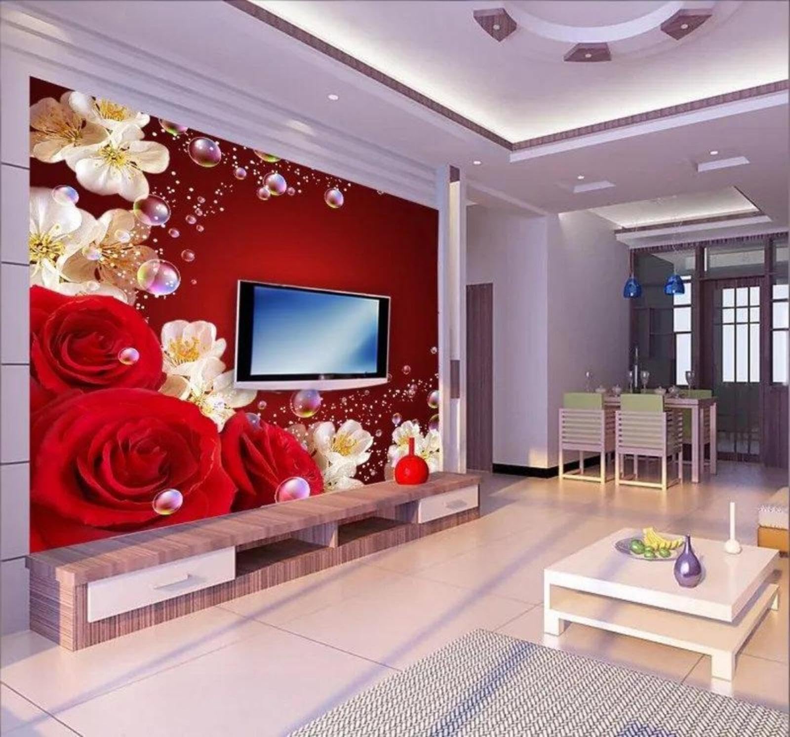 Wallpaper-3D-Xlm 350Cm×256Cm(B×H) Beautiful Romantic Red Roses Peach Blossoms 3D Wallpaper Easy Install Feature Office Living Room Sofa Bedroom Tv Background Wall Decoration-350Cm×256Cm