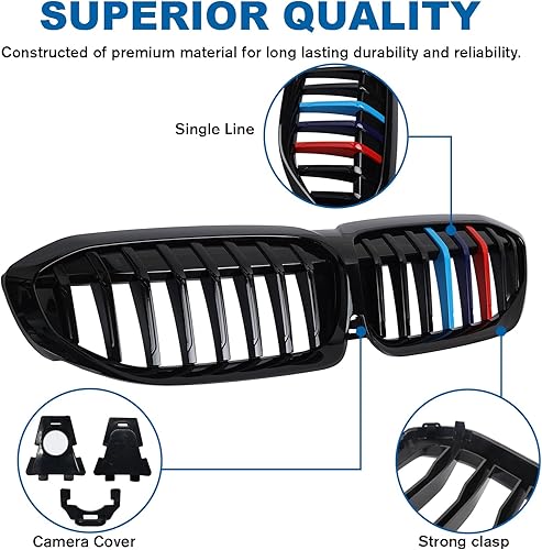 Miniatura 76 de Rejilla frontal negra brillante compatible con BMW Serie 3 G20 2019 2020 2021 2022 316i 318i 320i 328i 330i 330i 335i 340i Doble lamas negro