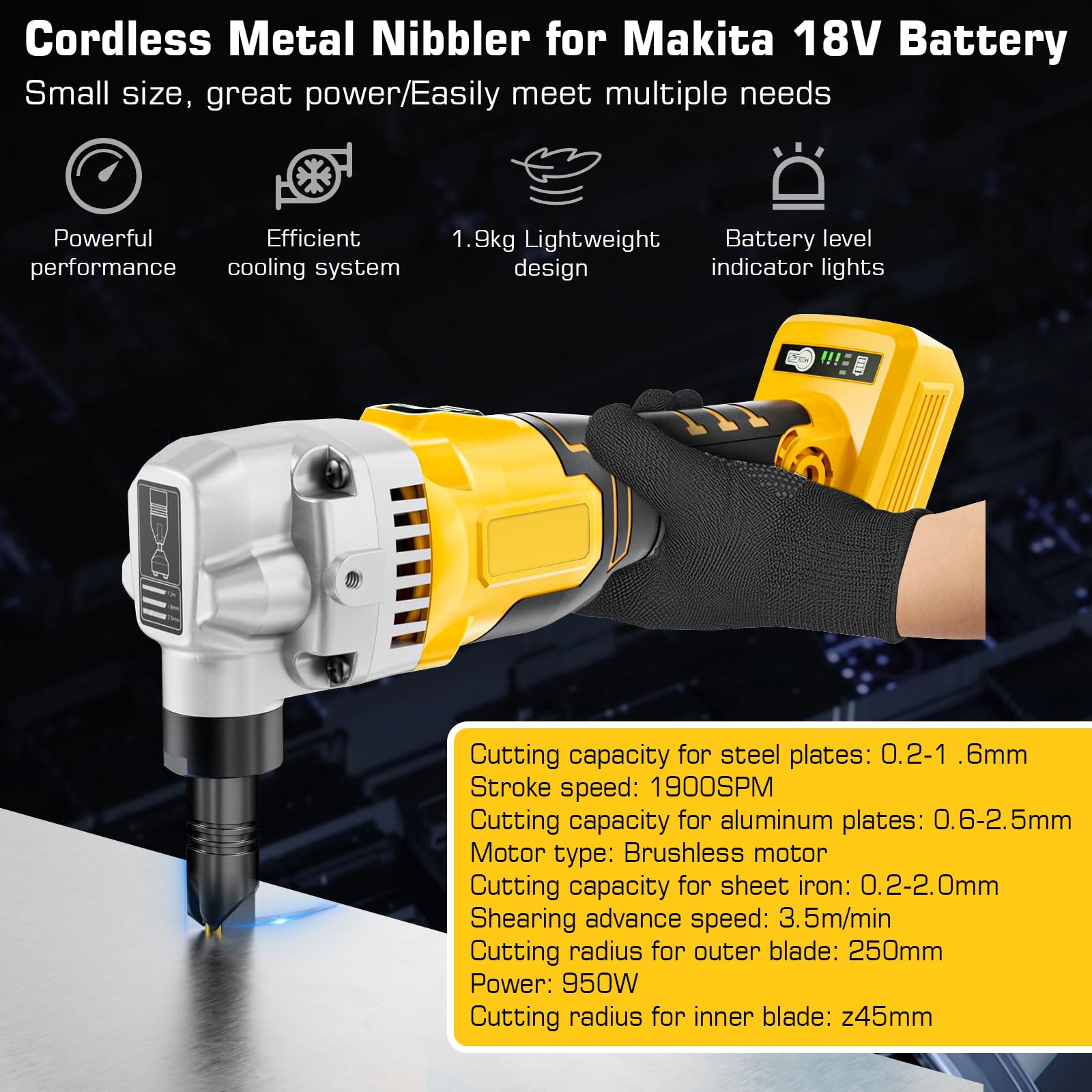 Blechknabber, Akkubetriebener Metallknabber Kompatibel mit Dewalt 18V Akku, Akku Knabber, Blechnibbler Aufsatz, 1900SPM, 3.5m/min, 950W, 3 Stufige Bürstenlose Elektro-Metallschere Blechknabber