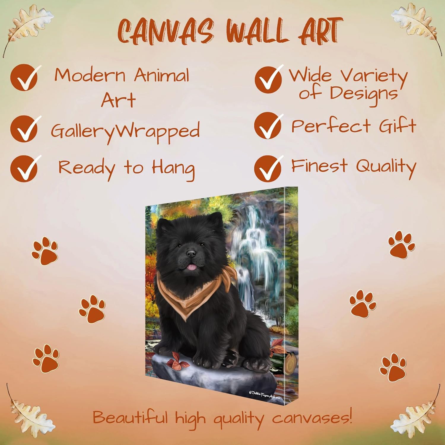 Waterfall with Chow Chow Dogs Canvas Wall Art - Premium Quality Ready to Hang Room Decor - Black Floating Framed 16" x 16"